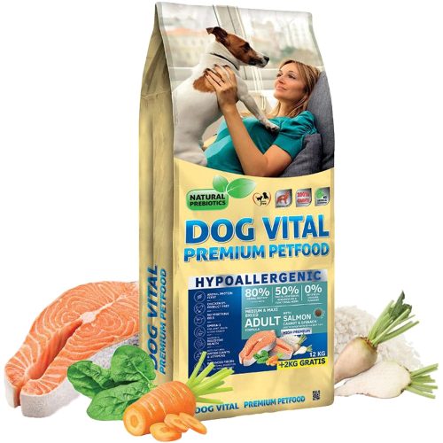 Dog Vital Hypoallergenic Medium & Maxi Breeds Adult Hipoallergén Száraz Kutyatáp (Lazac, Sárgarépa és Spenót) - 12+2 kg