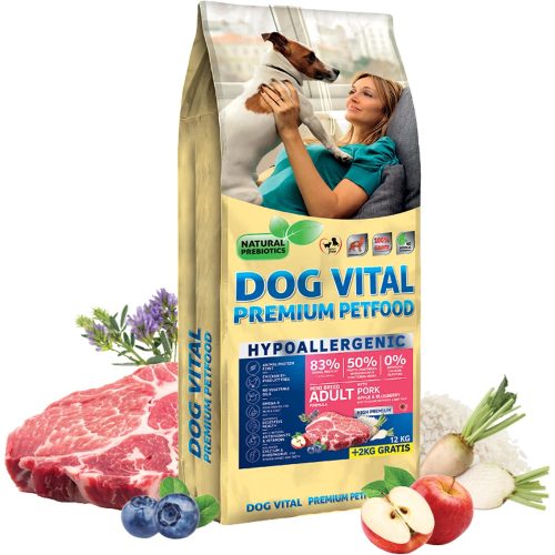 Dog Vital Hypoallergenic Mini Breeds Adult Hipoallergén Száraz Kutyatáp (Sertés, Alma és Áfonya) - 12+2 kg