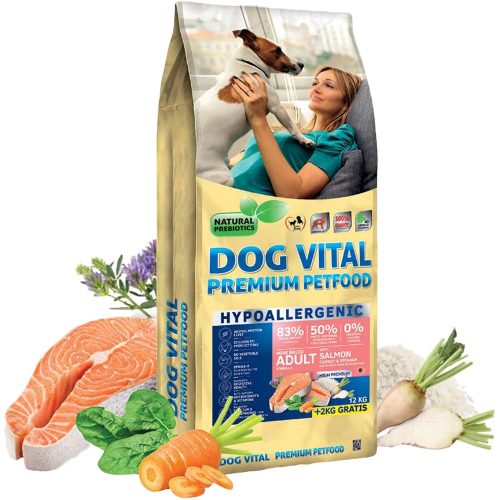Dog Vital Hypoallergenic Mini Breeds Adult Hipoallergén Száraz Kutyatáp (Lazac, Sárgarépa és Spenót) - 12+2 kg