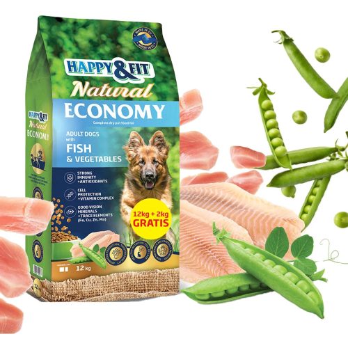 Happy&Fit Natural Economy Adult Száraz Kutyatáp (Hal és Zöldségek) - 12+2 kg