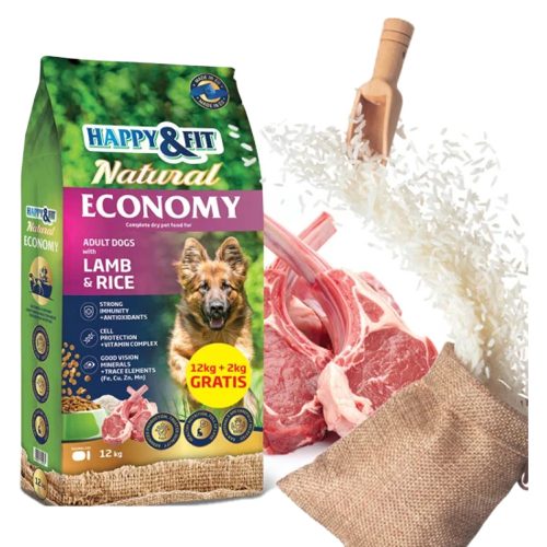 Happy&Fit Natural Economy Adult Száraz Kutyatáp (Bárány és Rizs) - 12+2 kg