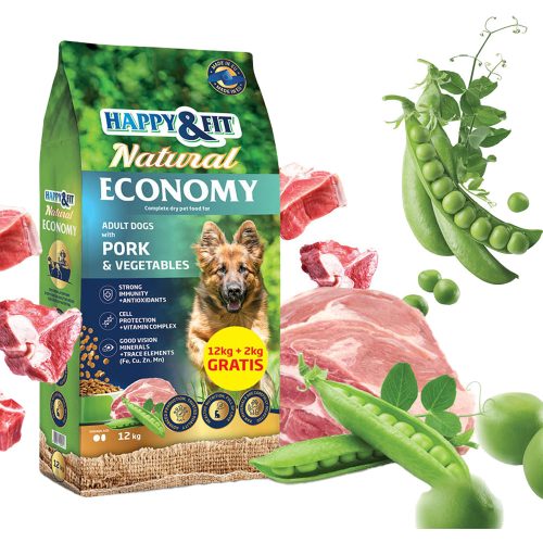 Happy&Fit Natural Economy Adult Száraz Kutyatáp (Sertés és Zöldségek) - 12+2 kg