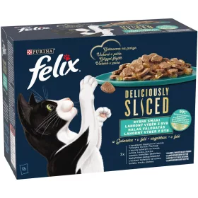   Felix Deliciously Sliced Halas Válogatás Gabonamentes Nedves Macskaeledel Aszpikban (Lazac, Tonhal, Tőkehal, Lepényhal) - 12x80 g