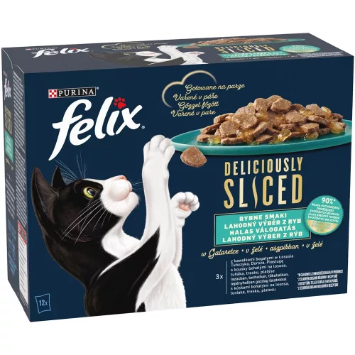 Felix Deliciously Sliced Halas Válogatás Gabonamentes Nedves Macskaeledel Aszpikban (Lazac, Tonhal, Tőkehal, Lepényhal) - 12x80 g