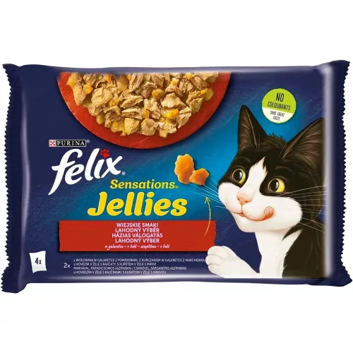 Felix Sensations Jellies Házias Válogatás Nedves Macskaeledel Aszpikban (Marha és Paradicsom, Csirke és Sárgarépa) - 4x85 g