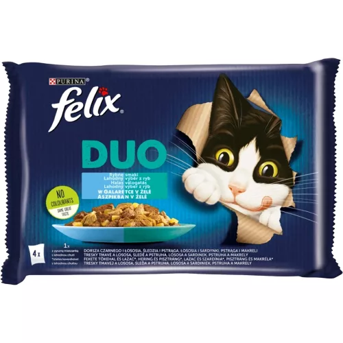 Felix Fantastic Duo Halas Válogatás Nedves Macskaeledel Aszpikban (Fekete tőkehal és Lazac, Hering és Pisztráng, Lazac és Szardínia, Pisztráng és Makréla) - 4x85 g