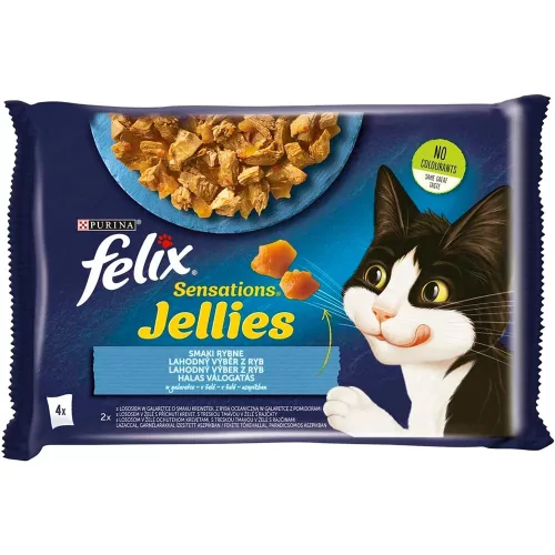 Felix Sensations Jellies Halas Válogatás Nedves Macskaeledel Aszpikban (Lazac és Garnélarák, Fekete tőkehal és Paradicsom) - 4x85 g