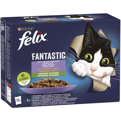 Felix Fantastic Házias Válogatás Nedves Macskaeledel Aszpikban (Marha és Sárgarépa, Csirke és Paradicsom, Lazac és Cukkini, Pisztráng és Zöldbab) - 12x85 g