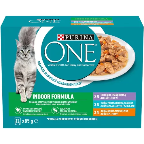 Purina One Indoor Formula Nedves Macskaeledel (Borjú és Sárgarépa, Tonhal és Zöldbab, Csirke és Sárgarépa) - 12x85 g
