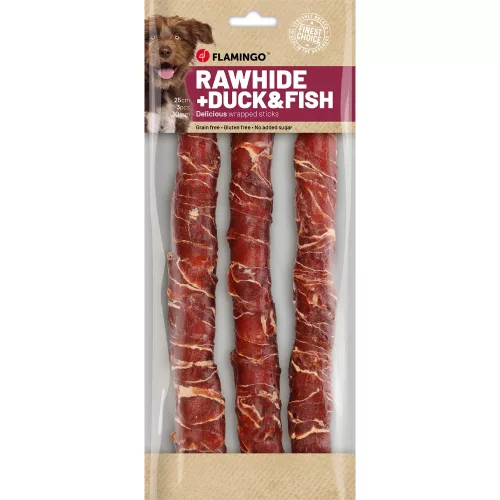 Flamingo Rawhide Stick Gabonamentes Jutalomfalat Kutyáknak (Kacsa és Hal) (25 cm, 3 db) - 240 g