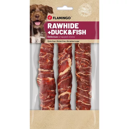 Flamingo Rawhide Stick Gabonamentes Jutalomfalat Kutyáknak (Kacsa és Hal) (17 cm, 3 db) - 155 g
