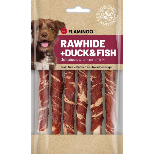 Flamingo Rawhide Stick Gabonamentes Jutalomfalat Kutyáknak (Kacsa és Hal) (12 cm, 6 db) - 70 g