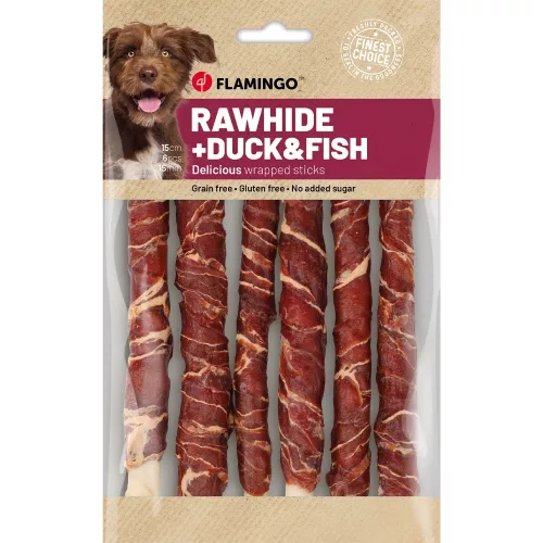Flamingo Rawhide Stick Gabonamentes Jutalomfalat Kutyáknak (Kacsa és Hal) (15 cm, 6 db) - 180 g