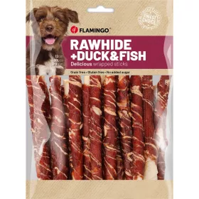   Flamingo Rawhide Stick Gabonamentes Jutalomfalat Kutyáknak (Kacsa és Hal) (12 cm, 30 db) - 350 g