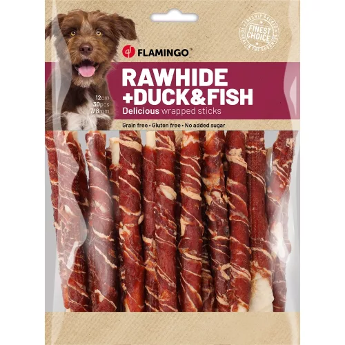 Flamingo Rawhide Stick Gabonamentes Jutalomfalat Kutyáknak (Kacsa és Hal) (12 cm, 30 db) - 350 g