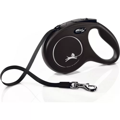 Flexi New Classic Szalagos Automata Póráz Kutyáknak (M-es Méret, 25 kg-ig, Fekete, 5 m)
